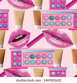 Make up seamless pattern. Vector Beauty background with cosmetic products. Lips, lipstick, eye shadows, eyeliner, concealer and nail polish.