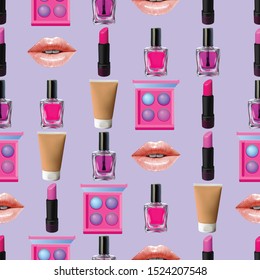 Make up seamless pattern. Vector Beauty background with cosmetic products. Lips, lipstick, eye shadows, eyeliner, concealer and nail polish.