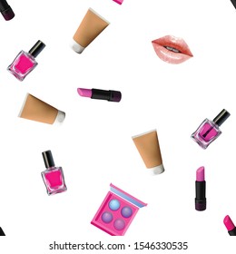 Make up seamless pattern. Vector Beauty background with cosmetic products. Lips, lipstick, eye shadows, eyeliner, concealer and nail polish.
