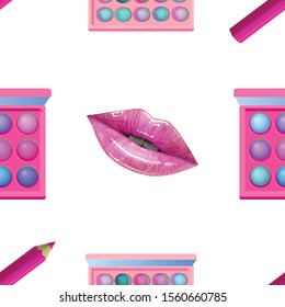 Make up seamless pattern. Vector Beauty background with cosmetic products. Lips, lipstick, eye shadows, eyeliner, concealer and nail polish.