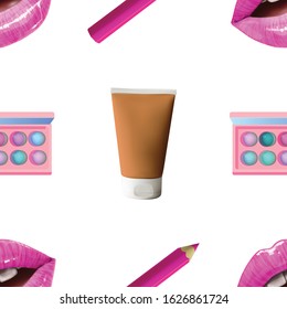 Make up seamless pattern. Vector Beauty background with cosmetic products. Lips, lipstick, eye shadows, eyeliner, concealer and nail polish.