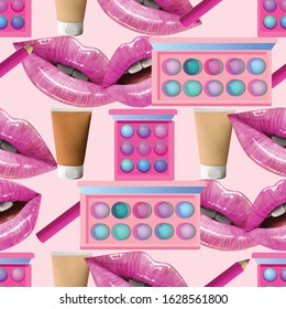 Make up seamless pattern. Vector Beauty background with cosmetic products. Lips, lipstick, eye shadows, eyeliner, concealer and nail polish.