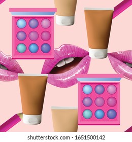 Make up seamless pattern. Vector Beauty background with cosmetic products. Lips, lipstick, eye shadows, eyeliner, concealer and nail polish.