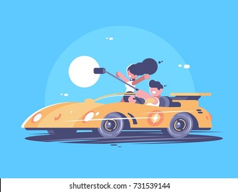 Make Selfie From Car. Happy Young Couple In Cabriolet. Vector Illustration