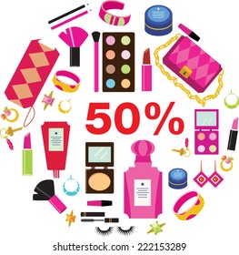 Make up set, 50% sale. Vector Eps 10.