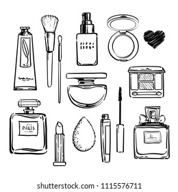 Make up set. Cosmetics beauty elements. Hand drawn beauty illustration. Fashion art sketch. Perfect for cards, flyers, banners, social media. Black outline isolated.