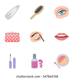 Make up set icons in cartoon style. Big collection of make up vector symbol stock illustration