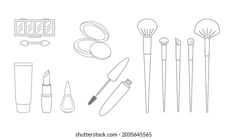 Make up set. Line vector illustrations of different cosmetic products. Isolated elements on white background. Best for seamless patterns, stickers and web design.