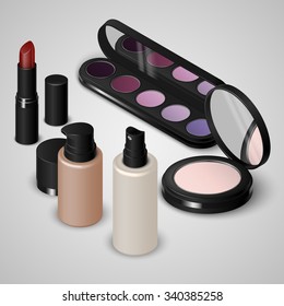 Make up set of lipstick, eye shadows, powder, and bottles with spray and dispenser. Vector illustration
