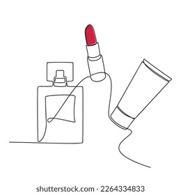 Make up set, perfume bottle, red lipstick, cream tube vector one line continuous drawing. Hand drawn linear icon. Minimal design, trendy print, cosmetic banner, card, poster, brochure, beauty logo.