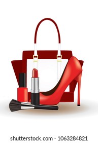 Make up set with red shoe and handbag, vector