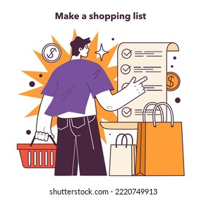 Make shopping list to decrease your spendings. Risk management in conditions of economic stagnation. Economic activity decline, wealth-saving actions. Flat vector illustration