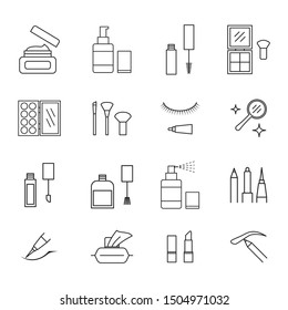 Make Up Sign Black Thin Line Icon Set Include of Brush, Lipstick, Perfume, Mascara and Cream. Vector illustration of Icons