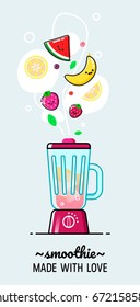 Make a smoothie banner. Lemon, strawberry, berry and banana smoothie. Food processor, blender with fruits, vegetables and berries. Different ingredients for smoothie. Flat design vector illustration.