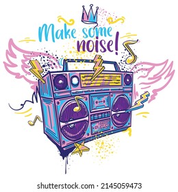 Make some noise - colorful graffiti-styled drawn boom box and notes music design