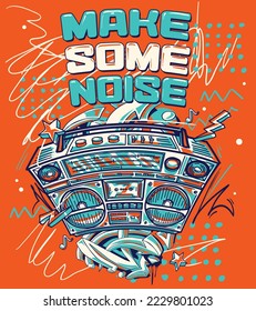 Make some noise - drawn colorful musical design with boombox and graffiti arrows
