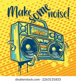 Make some noise - drawn colorful musical design with boombox and notes