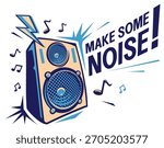 Make some noise - drawn musical loudspeaker blasting powerful music sound, vector illustration