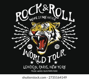 Make some noise. Music world tour in london, paris and new york. Rock and roll t shirt design. Tiger face design. Animal rock and roll artwork for fashion and others. Wild and free artwork.