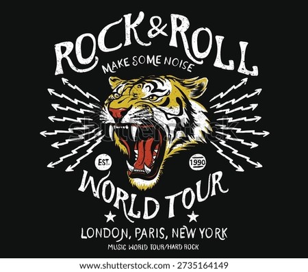 Make some noise. Music world tour in london, paris and new york. Rock and roll t shirt design. Tiger face design. Animal rock and roll artwork for fashion and others. Wild and free artwork.