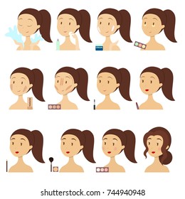 Make up stages. Woman applying cosmetics on face and doing makeup.