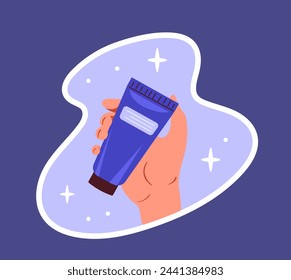 Make up sticker woman concept. Hand with cream and lotion package. Beauty procedures and treatment. Template and layout. Cartoon flat vector illustration isolated on blue background