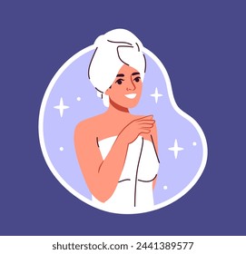 Make up sticker woman concept. Young girl in white towels. Beauty procedures and treatment. Relaxation, rest and wellbeing. Cartoon flat vector illustration isolated on blue background