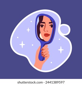 Make up sticker woman concept. Young girl look at mirror to reflection. Beauty procedures and treatment. Poster or banner. Cartoon flat vector illustration isolated on blue background