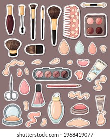 Make up stickers collection. Decorative cosmetics set. Beauty product icons.Cosmetics stickers pack. Makeup product. Beauty tools set. Lip stick, brushes, nail polish, eye shadows.Cosmetics silhouette