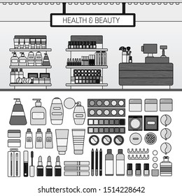 Make up store. Shelves with cosmetics in the shop. Beauty concept. Lipstick, eyeshadow, perfume, powder isolated on white. Line monochrome