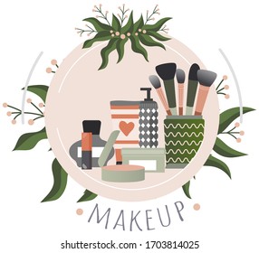 Make up stuff, eye shadow, brush, mascara, healthy makeover, red lipstick, isolated on white, flat vector illustration. Web label, text font, beauty business, industry skin care, cosmetic company.