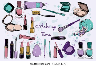 Make up stuff set, brushes, lepsticks, nail laquers, powder, mascara, eye shadow,vector