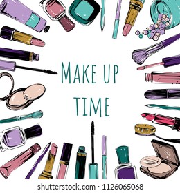 Make up stuff set, brushes, lepsticks, nail laquers, powder, mascara, eye shadow,vector