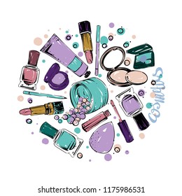Make up stuff set, brushes, lipsticks, nail laquers, powder, mascara, eye shadow,vector