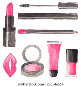 Make up stuff. Set of watercolor beauty items on the white background, aquarelle.  Vector illustration. Hand-drawn original cosmetics background. Useful for invitations, scrapbooking, design.