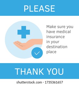 Make sure you have medical insurance for travel. Guidance, recommendation. Avia coronavirus prevention rules. Travel guidance for travelers avia flights, train trips infographic flat style vector
