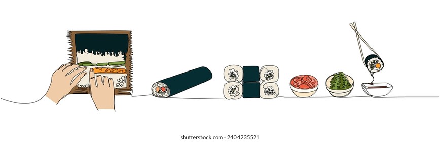 make sushi at home, Sushi, Roll Sushi by Hand one line art. Continuous line drawing of sushi, japanese, food, roll, culture, tasty, restaurant, japan, asian, sea, menu