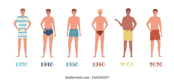 Make swim suit evolution from 1920 to 2020 flat icons set isolated vector illustration