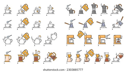 Make tea and coffee brew, preparation instruction. Tea bag and fresh coffee drink brewing step by step vector instruction with espresso machine, filter, french press and moka, cezve outline pictograms