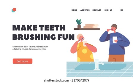 Make Teeth Brushing Fun Landing Page Template. Children Morning Routine, Oral and Health Care. Kids Brushing Teeth, Happy Brothers Family Characters Dental Hygiene. Cartoon People Vector Illustration