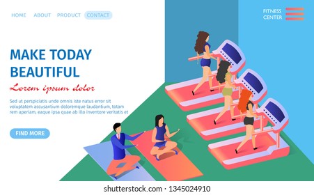 Make Today Beautiful Horizontal Banner with Copy Space. Athletic Girls Training in Gym Jogging Trademill in Fitness Center. Man and Woman Doing Yoga. Exercising. 3d Flat Vector Isometric Illustration