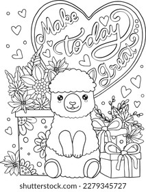 Machen Sie heute großartig - Alpaca-Cartoon mit Geschenkbox und Blumen. Handgezeichnet mit inspirierenden Worten. Doodles Kunst für Valentinstag oder Grußkarten. Farbbuch und Seite für Erwachsene und Kinder.