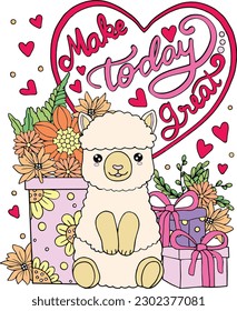 Haz hoy un gran dibujo de la Alpaca con una caja de regalo y flores. Mano dibujada con palabras inspiradoras. Dibujo de Doodles para San Valentín o tarjetas de felicitación. Libro y página de Colores para adultos y niños.