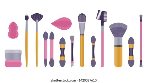 Make up tool brushes, blender sponges and applicators collection set. Professional makeup accessories with powder puff brush, egg sponge, eyeshadow and blush applicators for salon and home treatment.