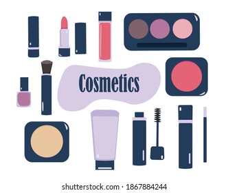 Make up tools and cosmetics elements set. Beauty icon products and decorative cosmetics eyes, face, lips beauty and care products isolated illustration on white background. 