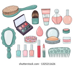 Make up tools isolated on white background. Beauty product illustration. Eye shadows, powder, mirror, nail polish, lipstick.