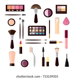 Make up tools set. Brushes and lipstick, eyeshadow and beauty blender.