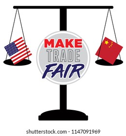 Make Trade Fair Cartoon, Trade War Graphic, American - Chinese Trade War Ideogram, World Politics Design with US Flag, Foreign Relations
