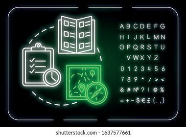 Make travel plan neon light concept icon. Budget tourism, holiday vacation organization idea. Outer glowing sign with alphabet, numbers and symbols. Vector isolated RGB color illustration