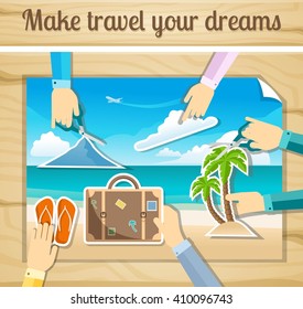 Make travel of their dreams, cut glue to create a template. Beautiful picture relaxing on the beach, palm trees, sand, sun. Warm countries. Vector illustration